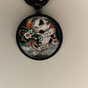 Sugar Skull Pendant, Day of the Dead, Black Cord Necklace,  Gothic, 16 in